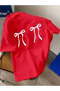Unisex Erkek/Kadın KURDELE Renkli Özel Baskılı Oversize Pamuklu Bisiklet Yaka T-Shirt Tişört